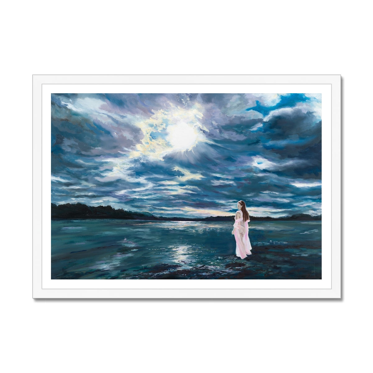 Framed artwork of a person in a pale pink dress standing on a rocky shore with a dramatic sky.