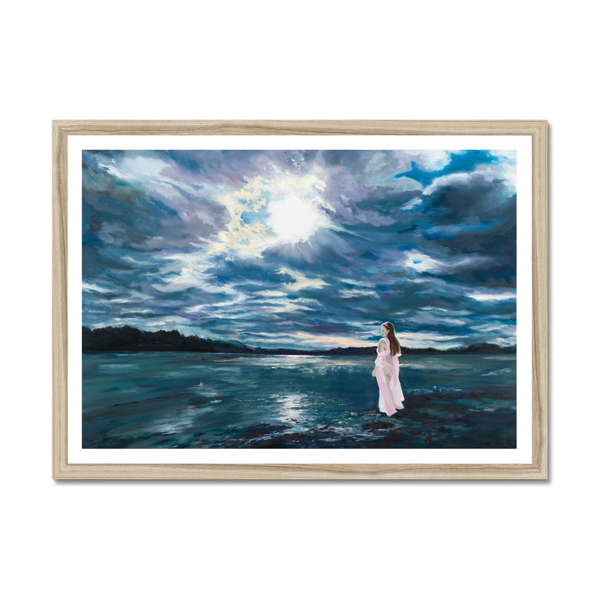 Framed artwork of a woman in a white dress standing on a rocky shore with a dramatic sky.