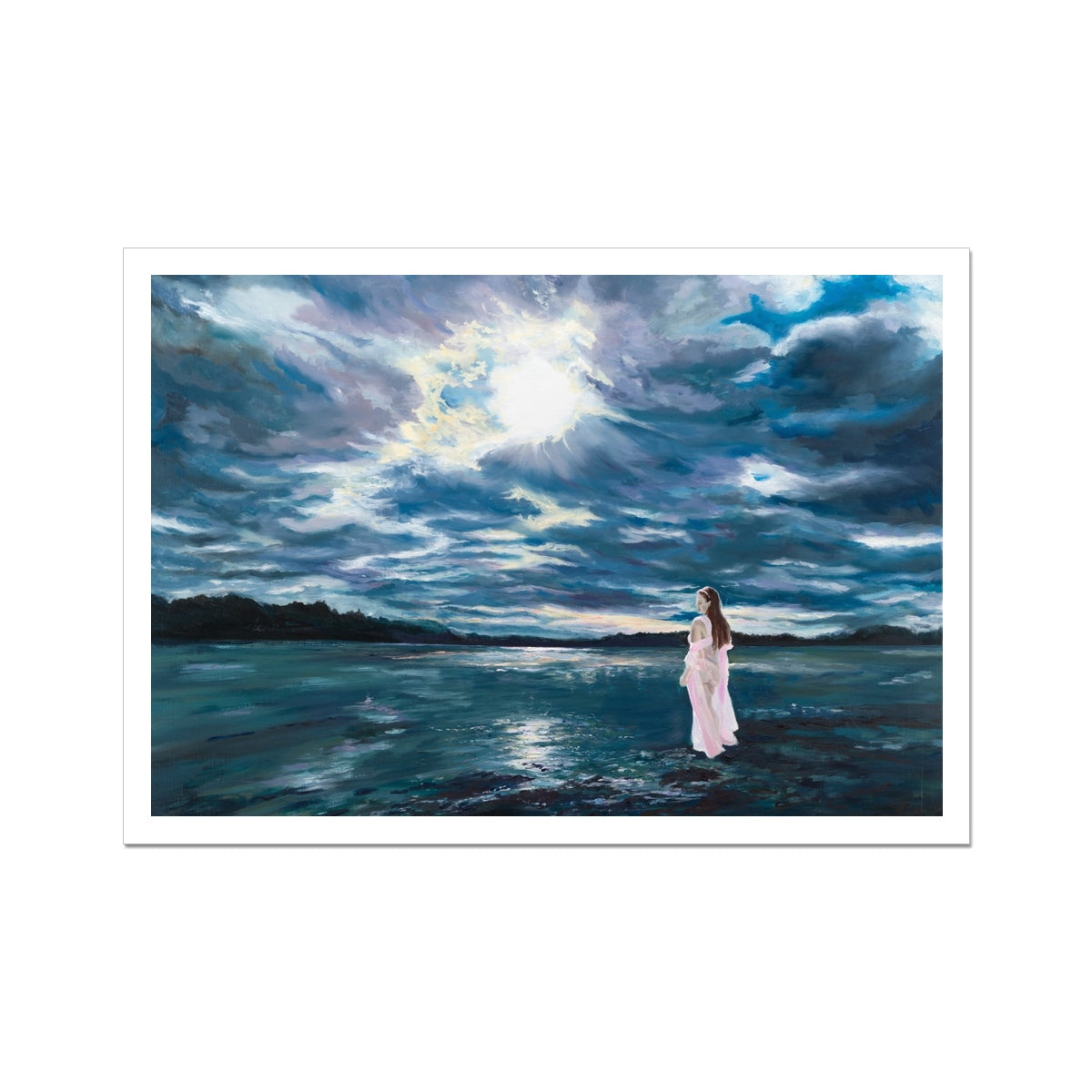 Woman in a pink dress standing on a rocky shore with a dramatic sky and sun.
