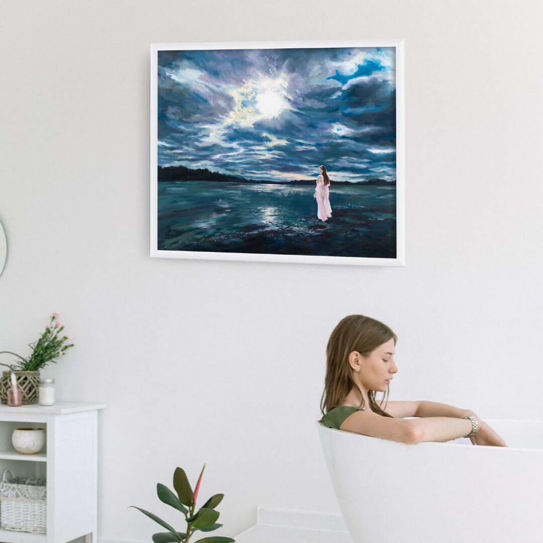 The Power of Mother Nature by Lorraine Field displayed above a freestanding bath in a bright contemporary bathroom