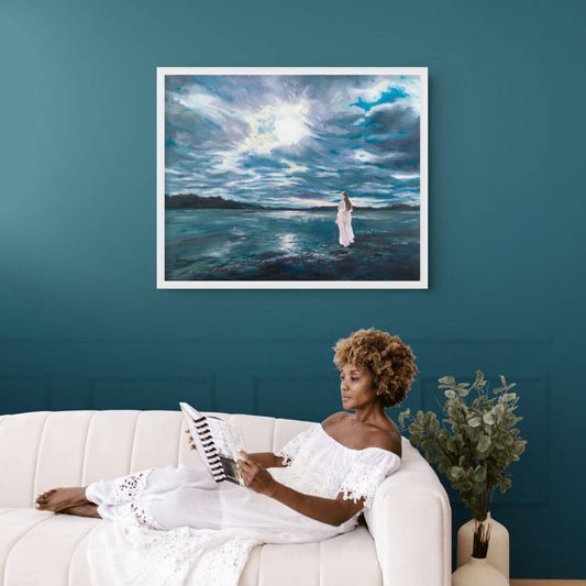 The Power of Mother Nature original oil painting by Lorraine Field displayed above a white sofa against a dark teal feature wall