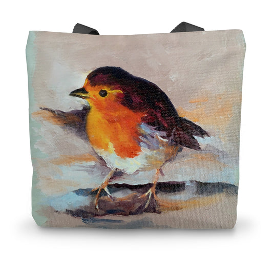 Tote bag featuring winter robin artwork by Lorraine Field Art