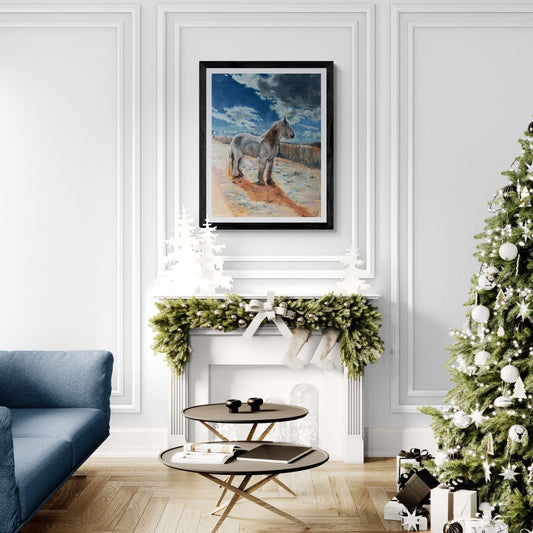 Living room with Christmas tree, blue sofa, and framed white cob horse artwork above a fireplace.