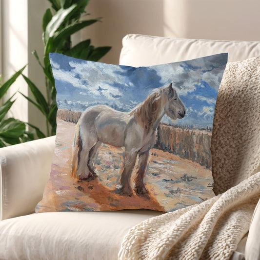 The Traveller’s White Horse cushion styled in a serene living room setting evoking calm, strength, and quiet beauty for the sentimental, story-filled home.