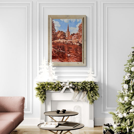 Discover Holy Trinity Church, an original Stratford oil painting by Lorraine Field. Warm sienna hues and soft light capture reflection, calm, and legacy.