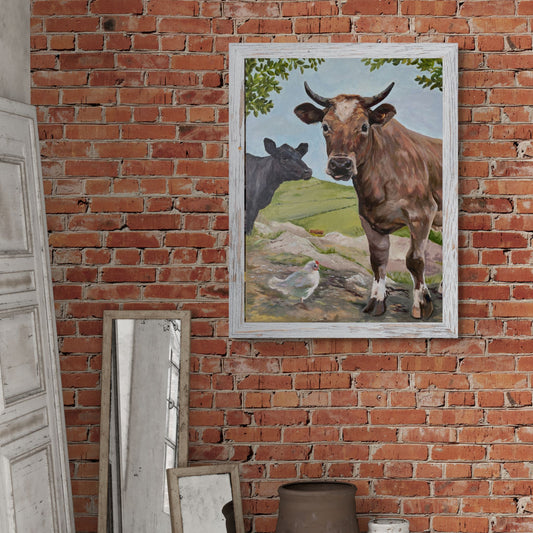A whimsical painting of two cheeky cows, one sticking out its tongue, accompanied by their curious chicken companion, set against a charming countryside backdrop.