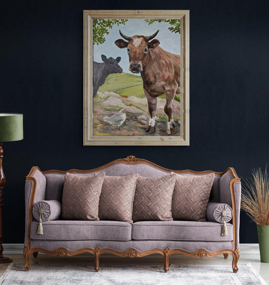 Two playful cows and a chicken captured in a humorous and light-hearted rural scene, perfect for adding charm to any space.