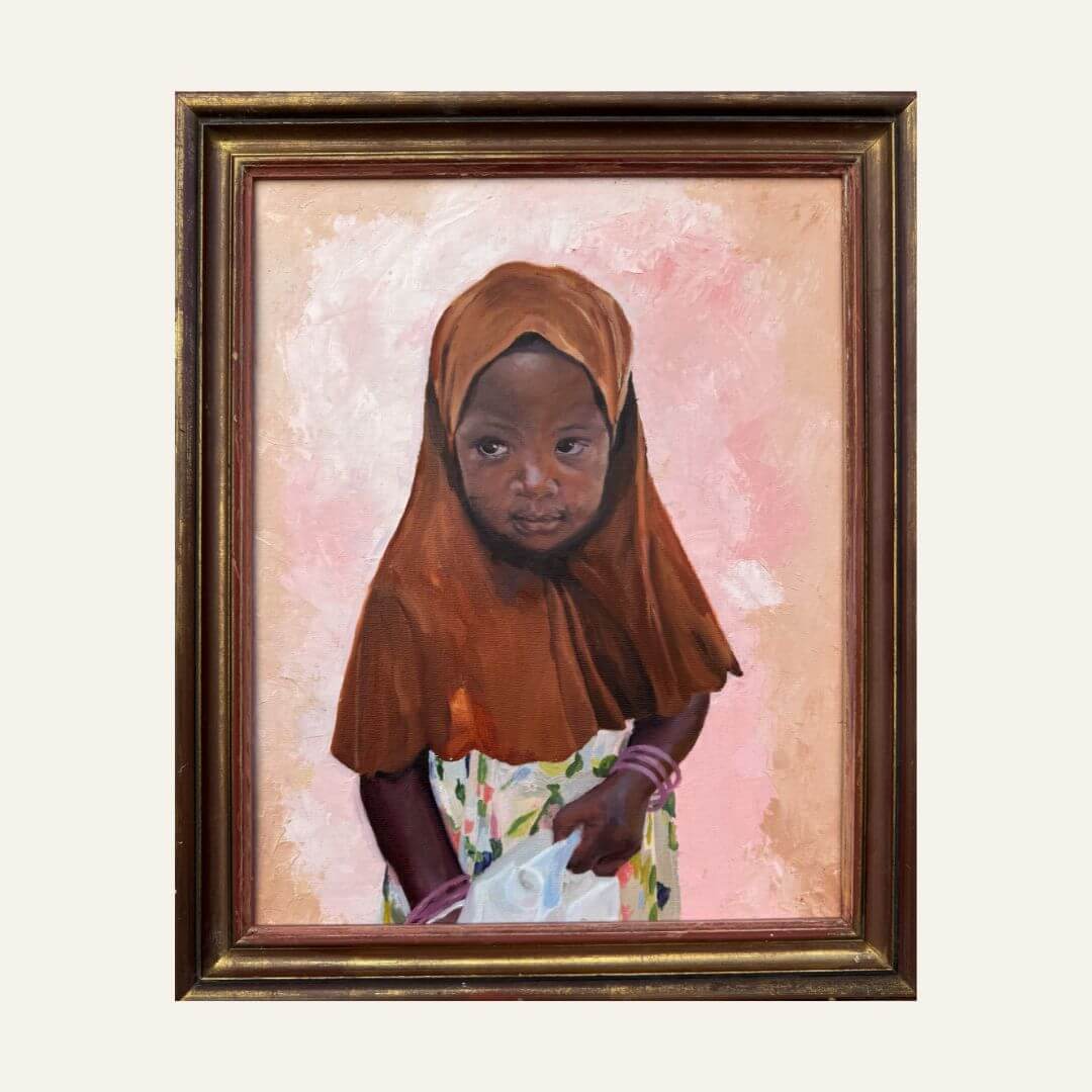 What She Carries original oil portrait of a Ugandan girl holding a water container framed in a reclaimed wooden frame by British artist Lorraine Field