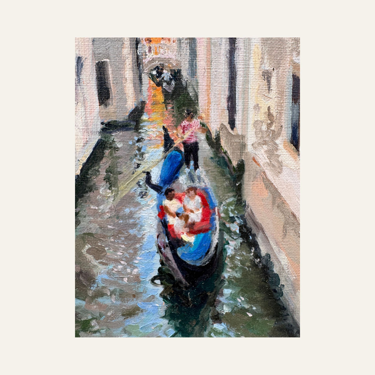 Framed original oil painting of a gondola on a quiet Venice canal by Lorraine Field Art