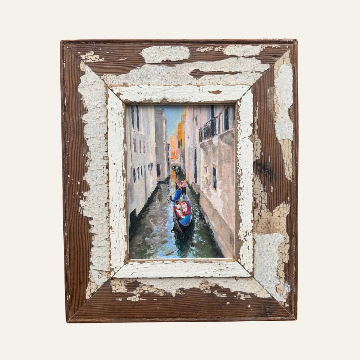 Original Venice gondola oil painting in reclaimed rustic wooden frame by Lorraine Field Art