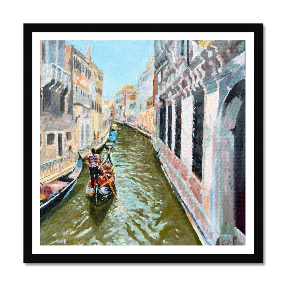 Fine art print of Venice. Colourful canal scene with gondola, romantic buildings and warm reflections.