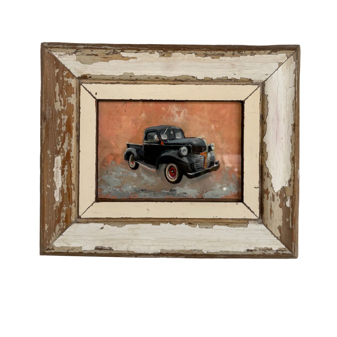 Retro Dodge truck oil painting in an eco-friendly reclaimed wood frame, a perfect blend of nostalgia and rustic decor.