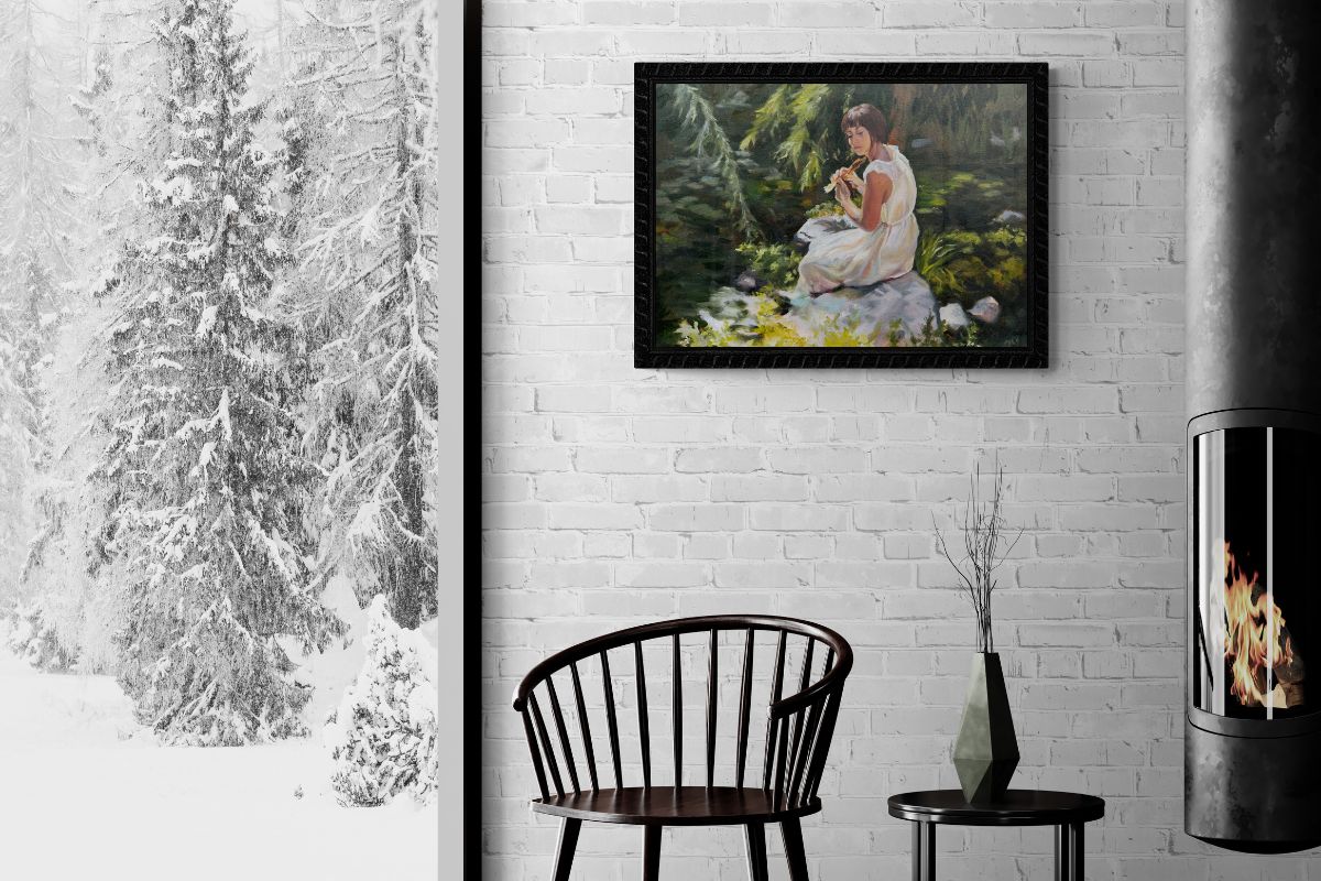 Framed painting of a woman in a peaceful setting surrounded by deep green foliage and lily pads on a white brick wall.