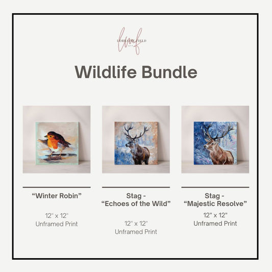 Wildlife Bundle with three unframed prints of a robin, stag, and another stag on a light background.