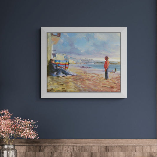 Playing football on Porthmeor Beach in St Ives Fine art oil painting of a man and his son