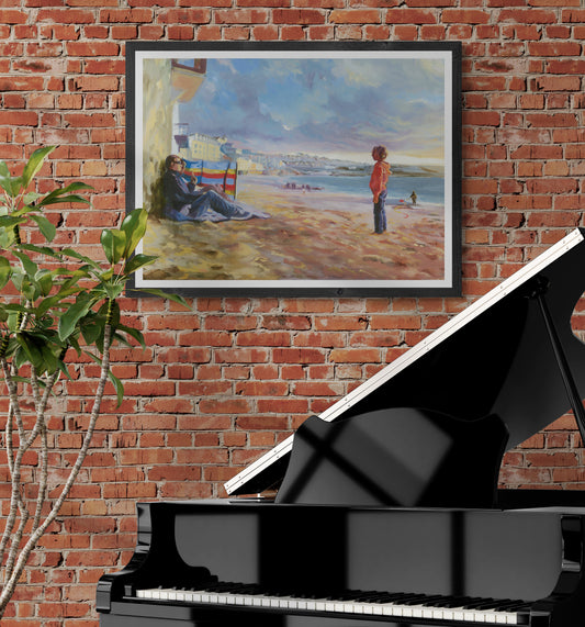 A fine art print for kids of a man and his Son who discuss playing football kick around on Porthmeor Beach, Cornwall 