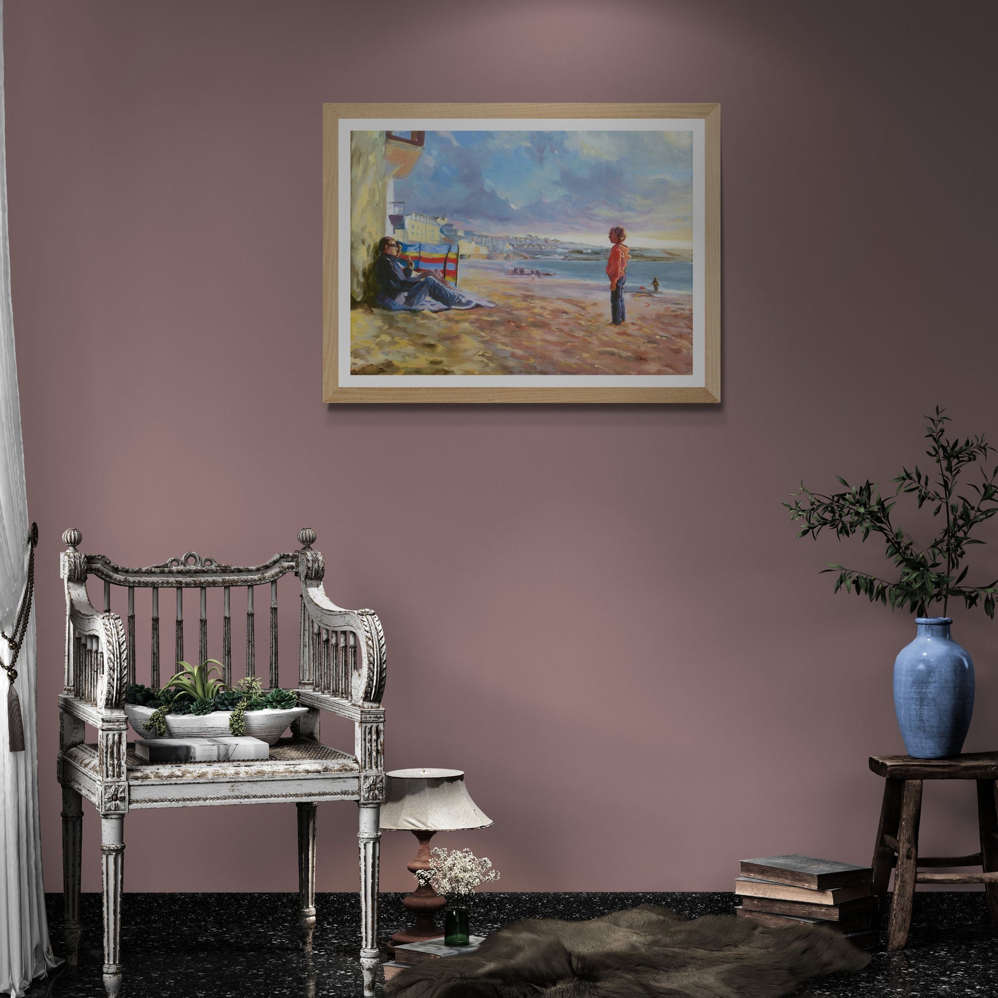 A fine art print for kids or man cave print of a man and his Son who have a conversation about playing football kick around on Porthmeor Beach, Cornwall 