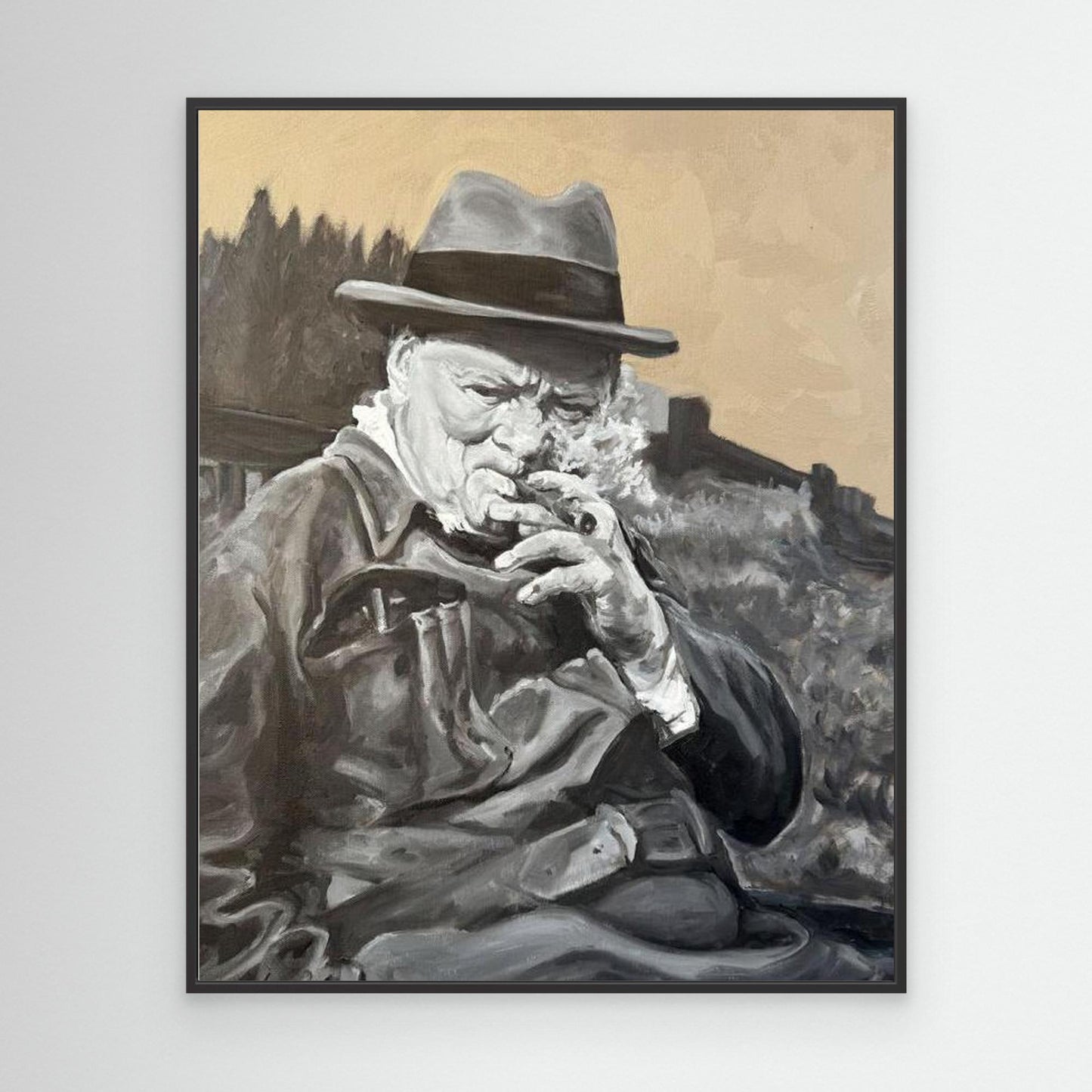 Portrait canvas print of Winston Churchill in a black frame, featuring a thoughtful depiction of the British wartime leader against a white background