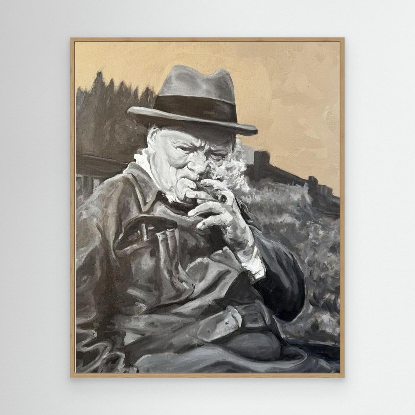 Winston Churchill portrait canvas print in a natural oak frame, highlighting character and quiet strength in a traditional figurative artwork