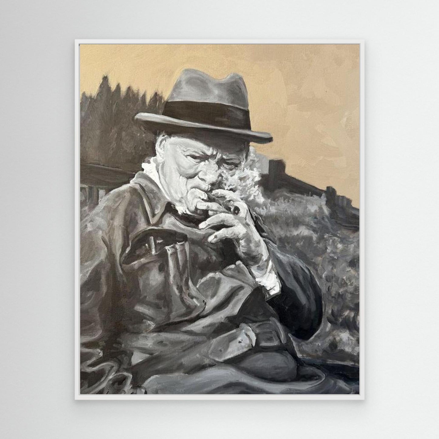 Winston Churchill portrait canvas print in a white frame, showing a calm, reflective study of the WWII British Prime Minister