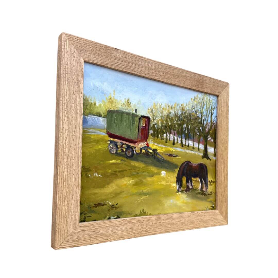 Side view of original Stratford-Upon-Avon oil painting featuring a traditional traveller’s caravan and horse by Lorraine Field