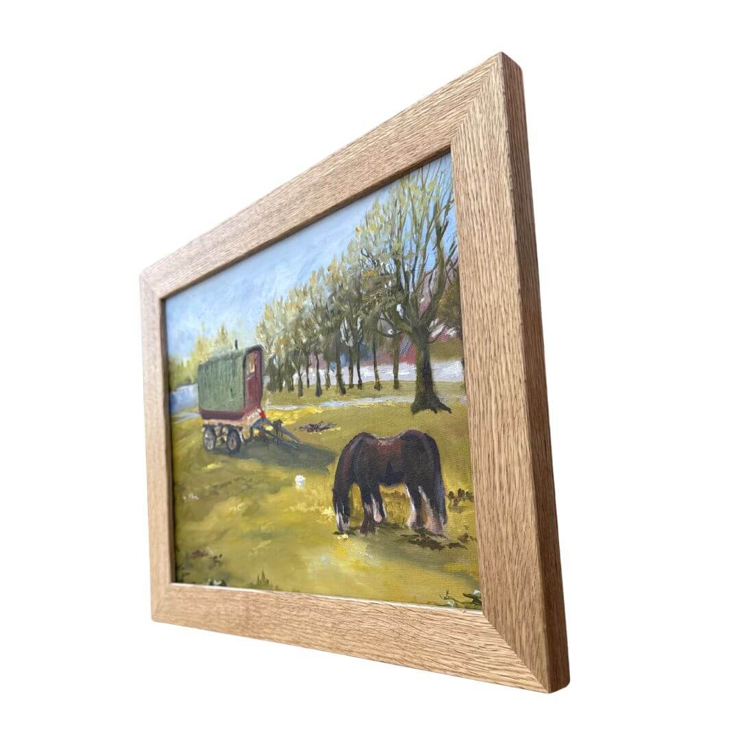 Framed original oil painting of traveller’s horse and caravan in Stratford-Upon-Avon inspired by slower living and nostalgic countryside traditions