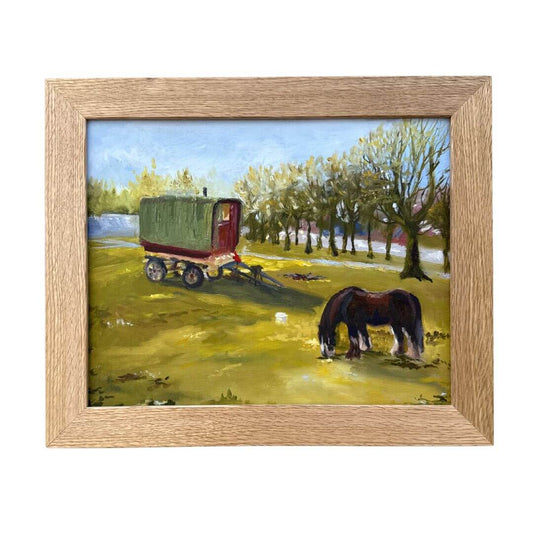 Original oil painting of a traveller’s caravan and horse in Stratford-Upon-Avon by Lorraine Field Art, capturing a slower pace of life and traditional living