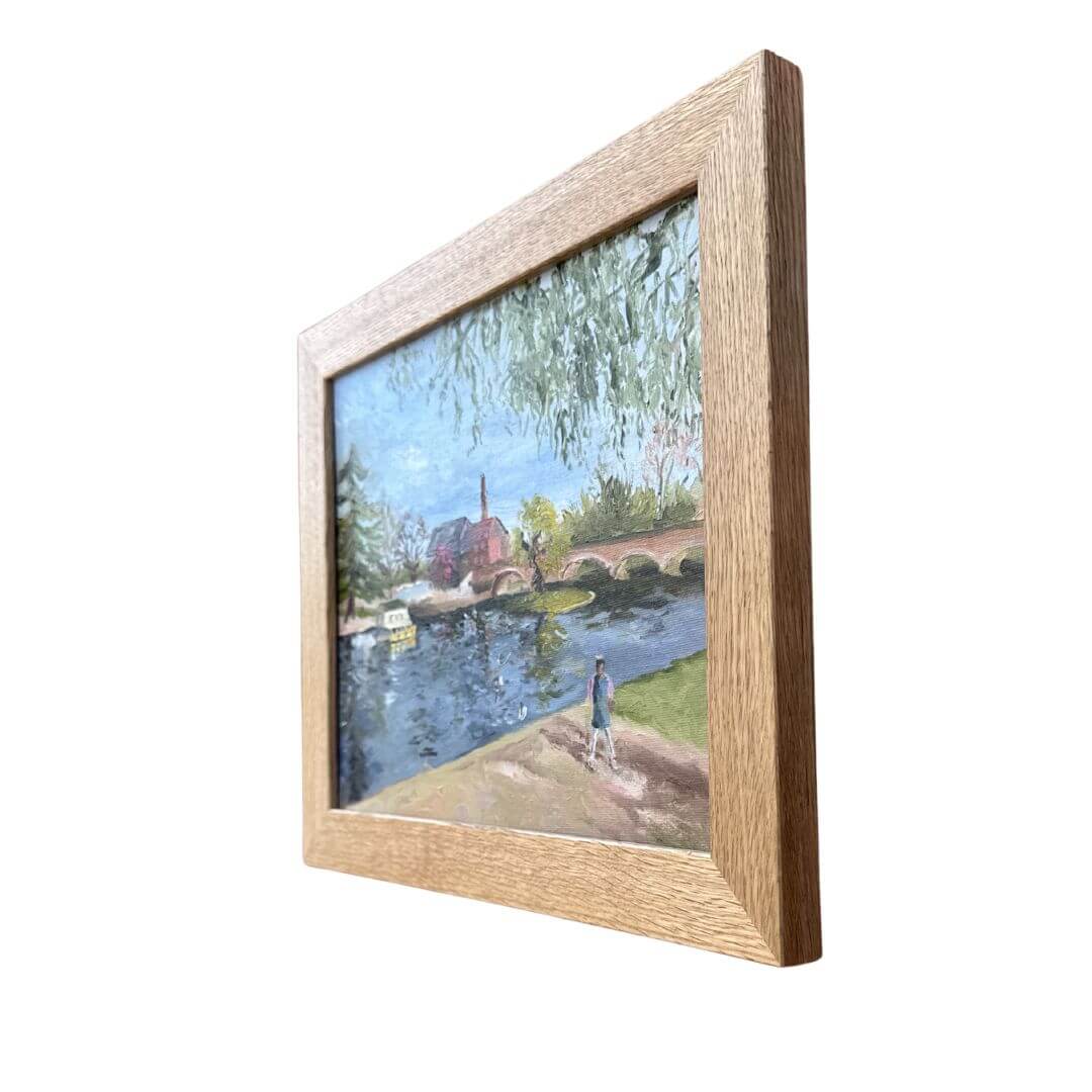 Right side detail of framed oil painting capturing a family riverside scene at Bridge Foot in Stratford-upon-Avon.