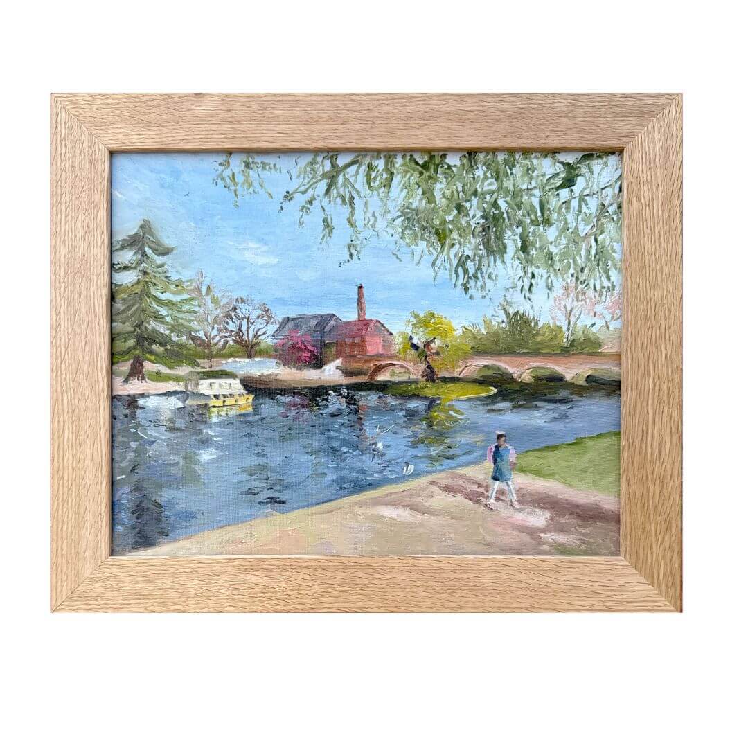 Original oil painting of a young girl beside the River Avon at Bridge Foot in Stratford-upon-Avon during a family day out, by Lorraine Field Art.