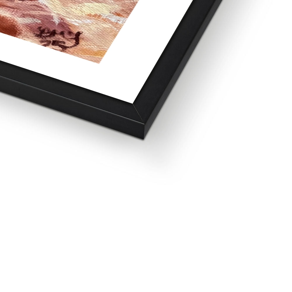Close-up of the black frame corner on the “Becoming Grace” swan fine art print, showing the smooth matte finish and elegant gallery-style detail.