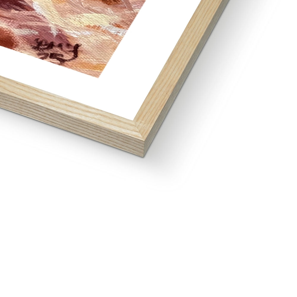 Close-up of the natural wood frame corner on the “Becoming Grace” swan fine art print, showcasing the warm organic texture and refined craftsmanship.