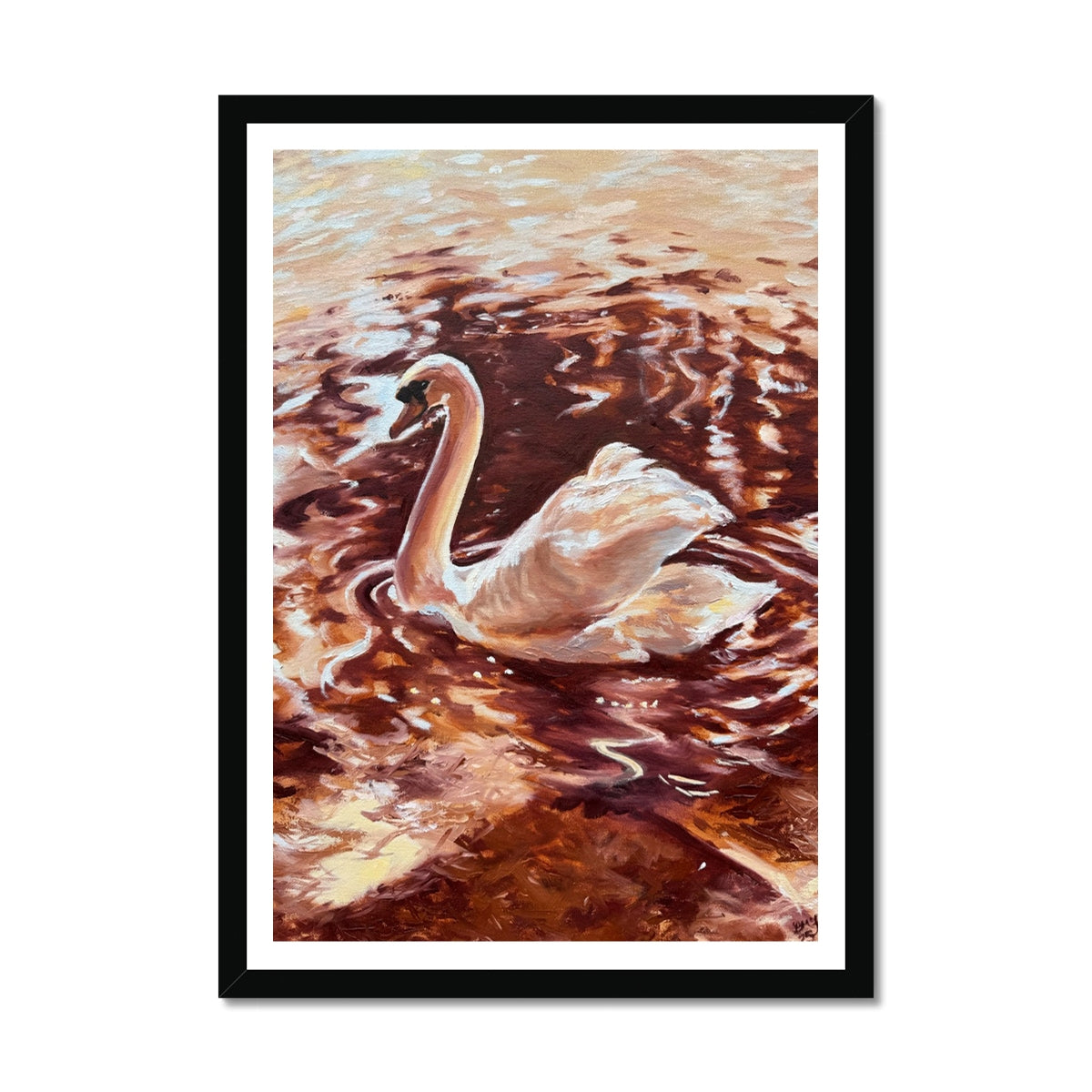 “Becoming Grace” swan fine art print in a black frame, featuring glowing copper reflections on the River Avon and an elegant, gallery-style finish inspired by Stratford-upon-Avon.