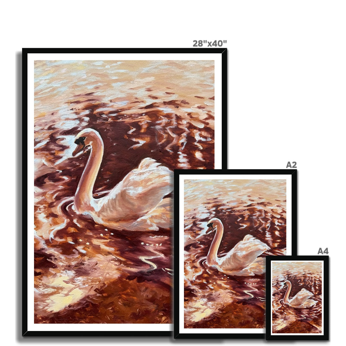 “Becoming Grace” swan fine art print shown in multiple size options from small to large, ideal for creating a calming focal point in bedrooms, living rooms, or reading spaces.