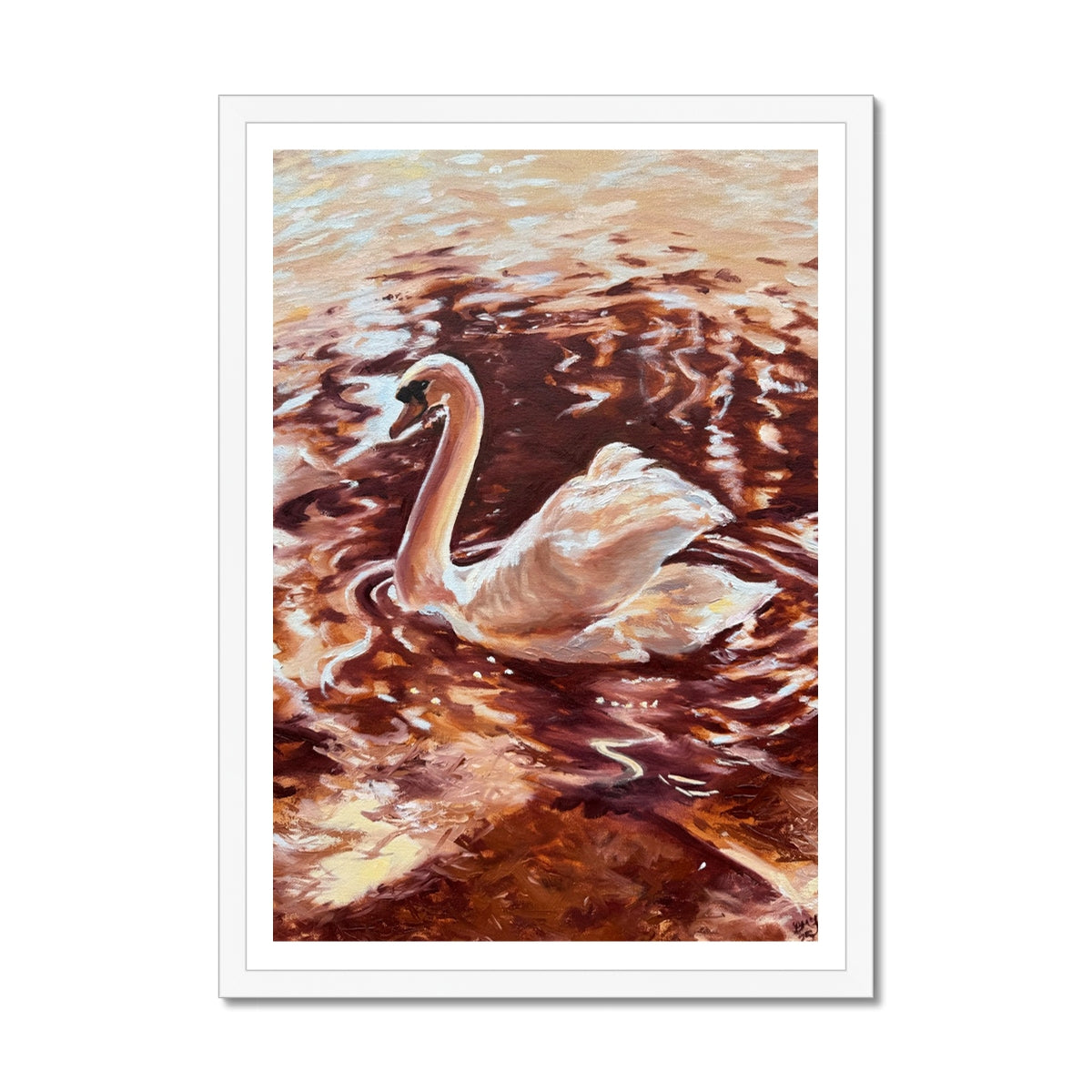 “Becoming Grace” swan fine art print in a crisp white frame, featuring warm copper reflections on the River Avon and a soft, calming atmosphere inspired by Stratford-upon-Avon.