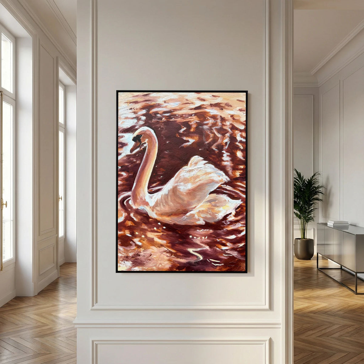 Copper-toned swan canvas print displayed in a warm contemporary living room