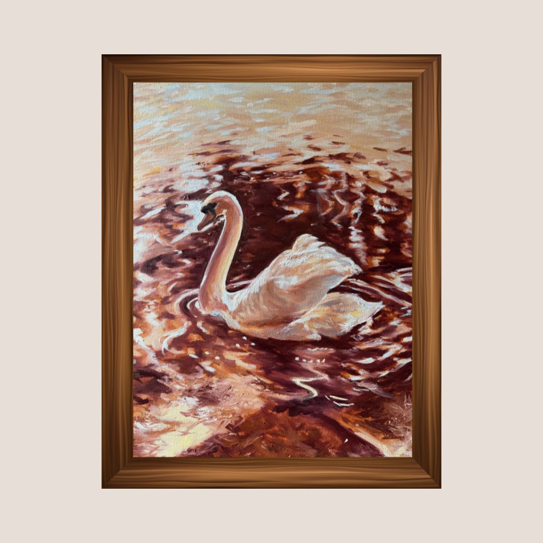Framed original oil painting of a swan on the River Avon in Stratford-upon-Avon.