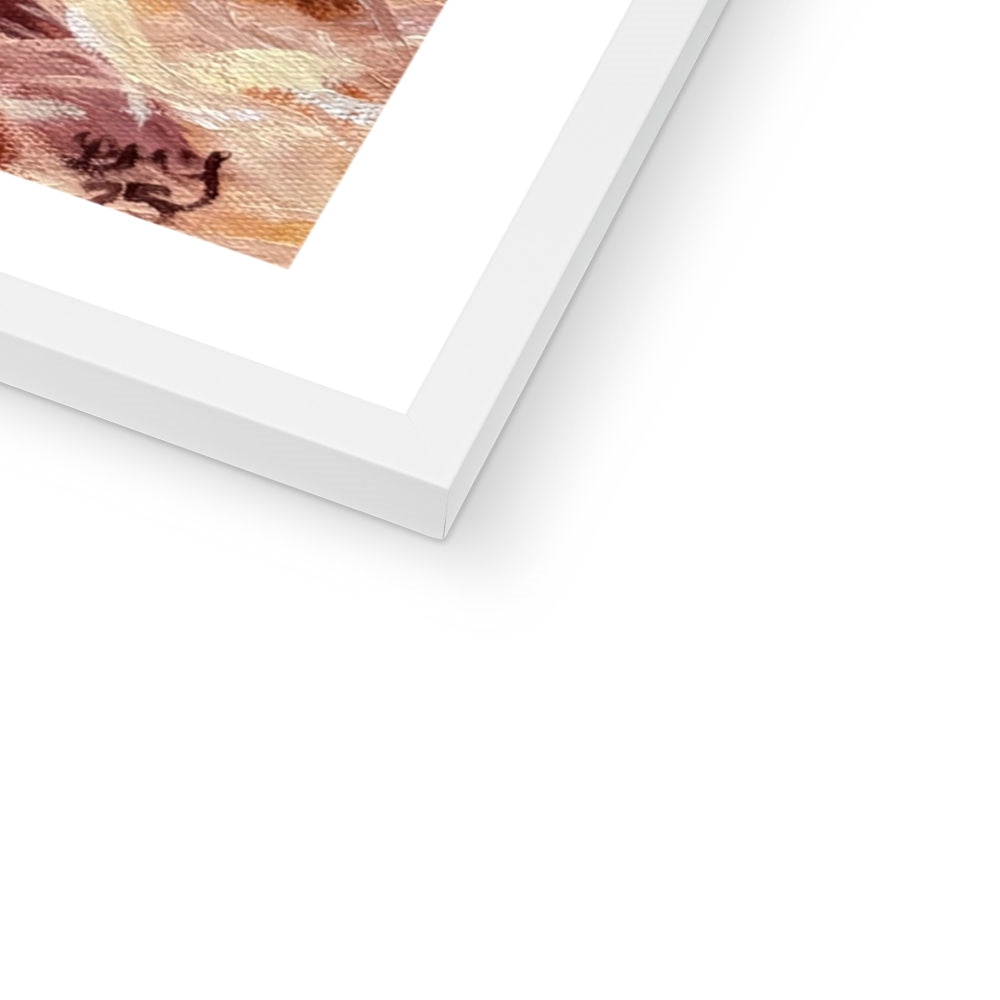 Close-up of the white frame corner on the “Becoming Grace” swan fine art print, highlighting the clean contemporary finish and soft elegant detail.