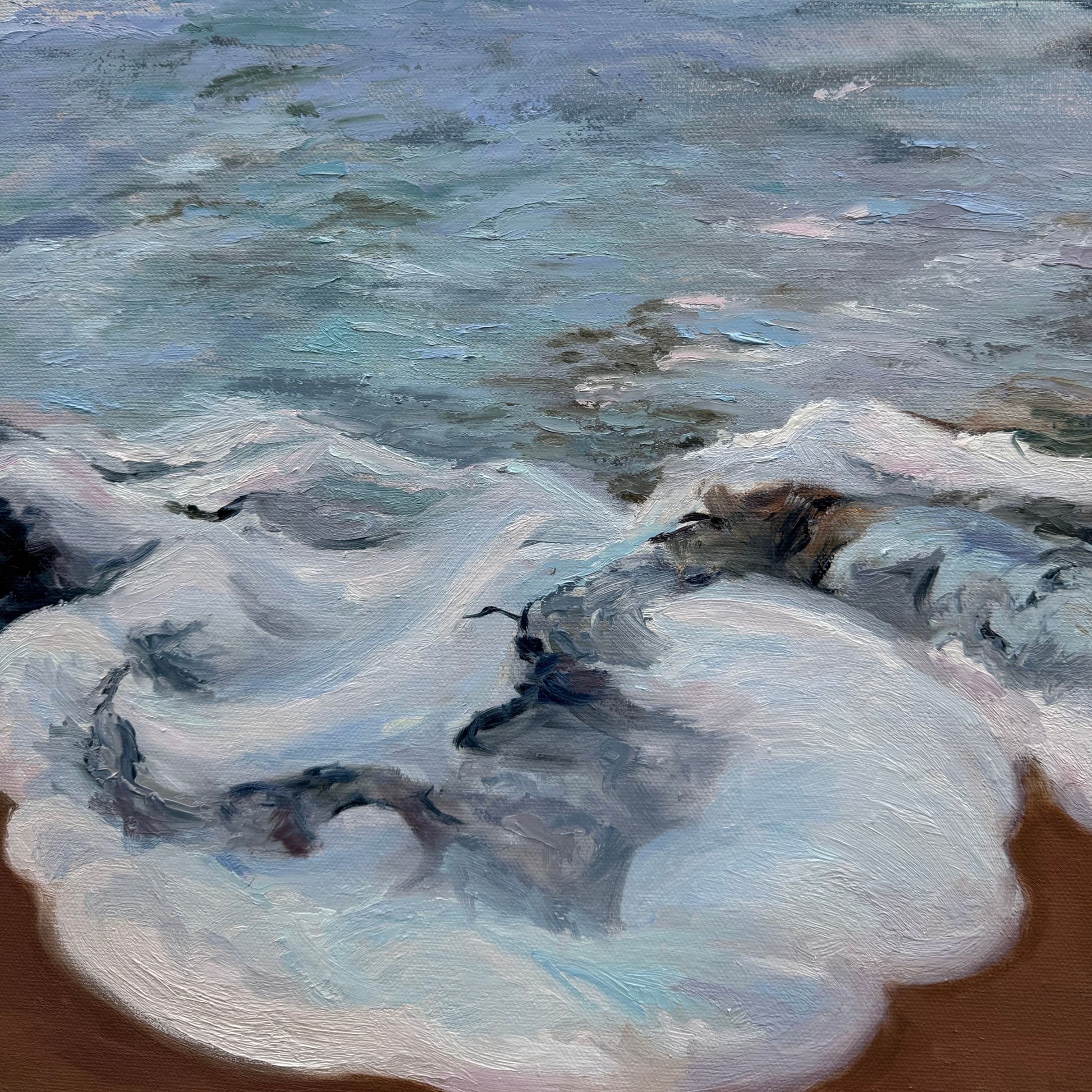 Detailed ocean texture and pastel sea colours in original coastal oil painting by Lorraine Field.