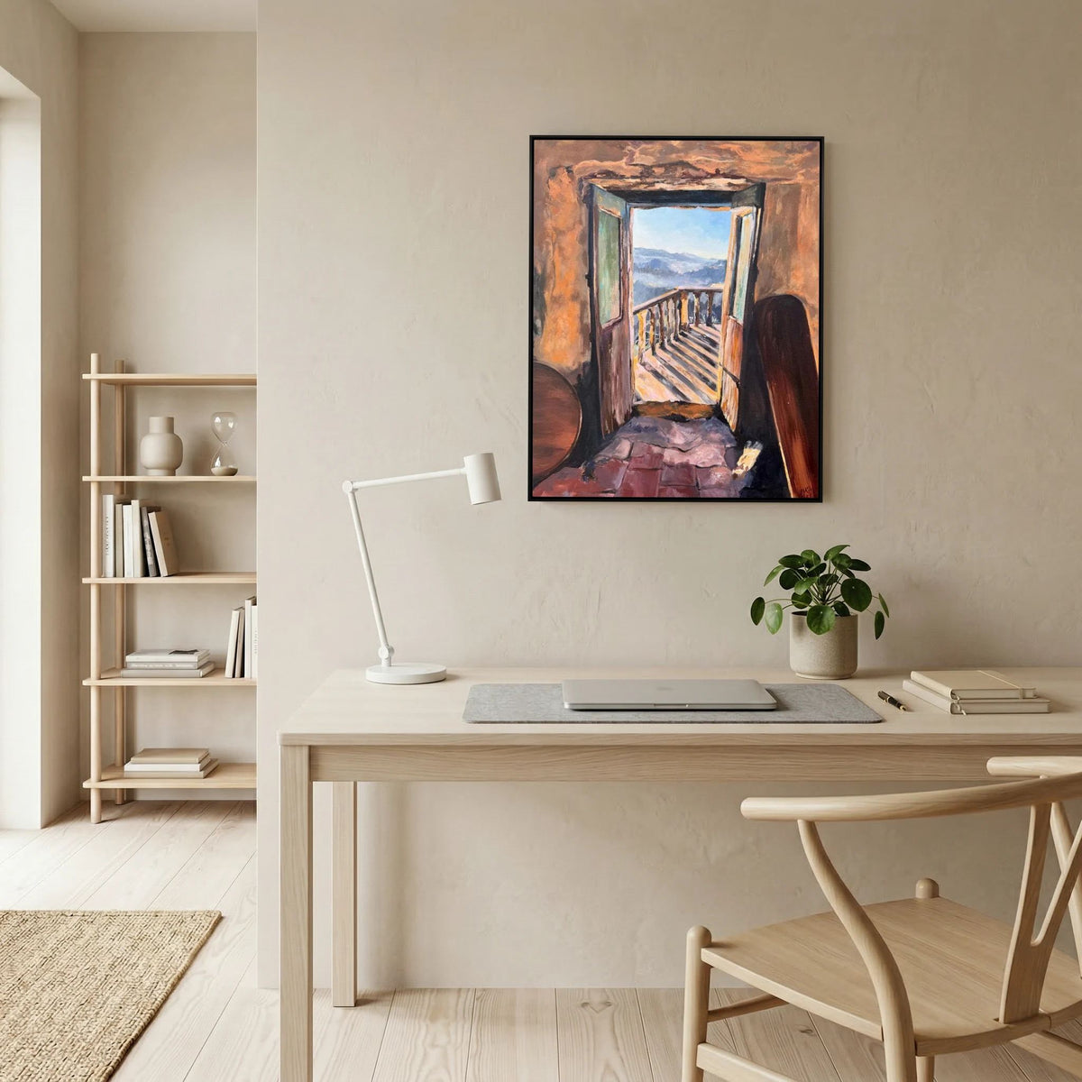 Doorway to Freedom framed canvas print displayed above a desk in a bright home office
