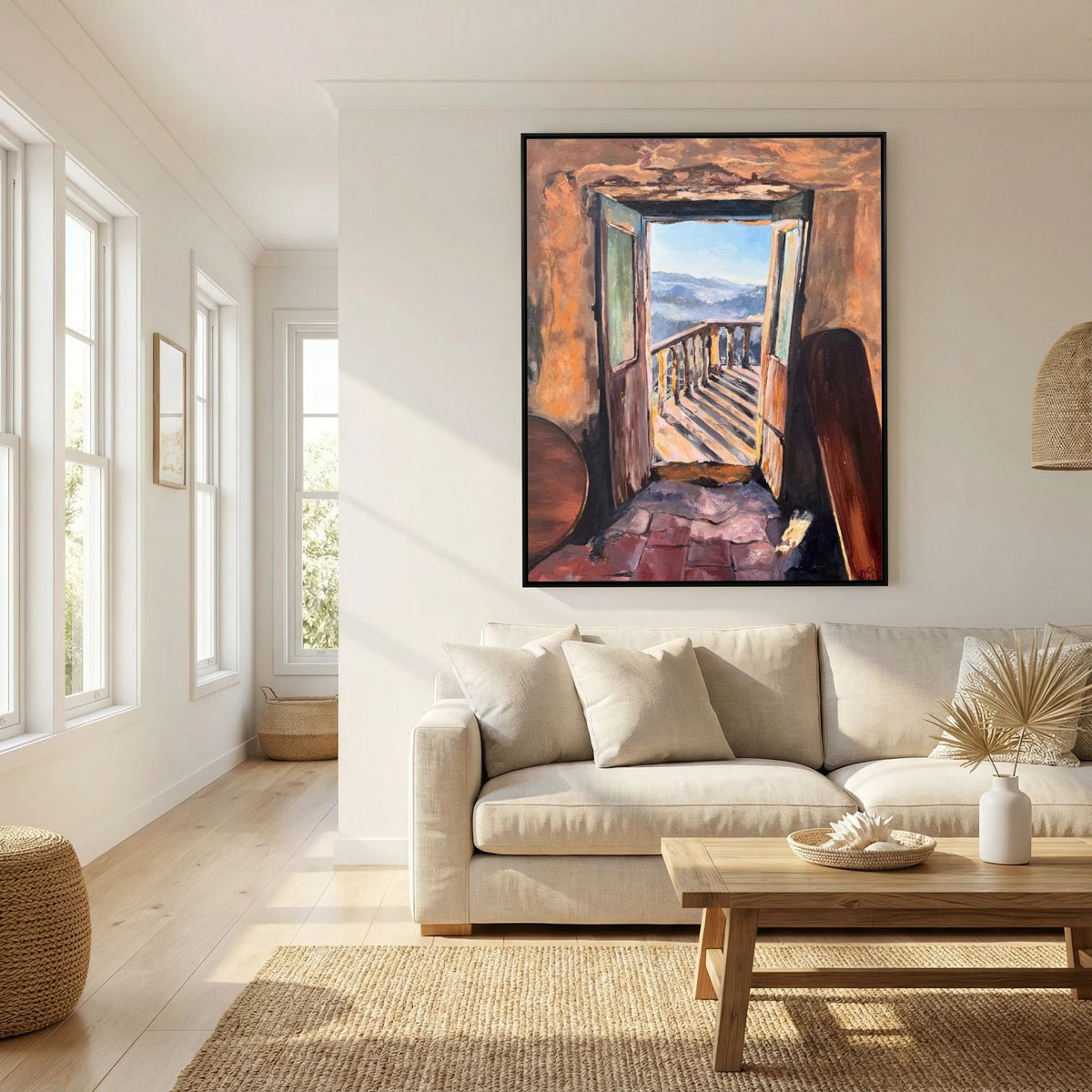 Doorway to Freedom framed canvas print displayed above a cream sofa in a light, neutral living room