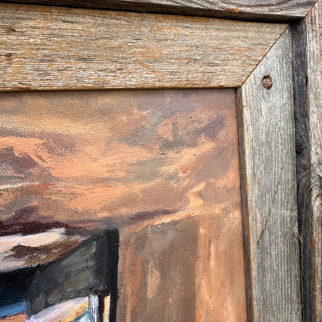 Detailed close-up of dark wooden frame corner on original Mediterranean oil painting.