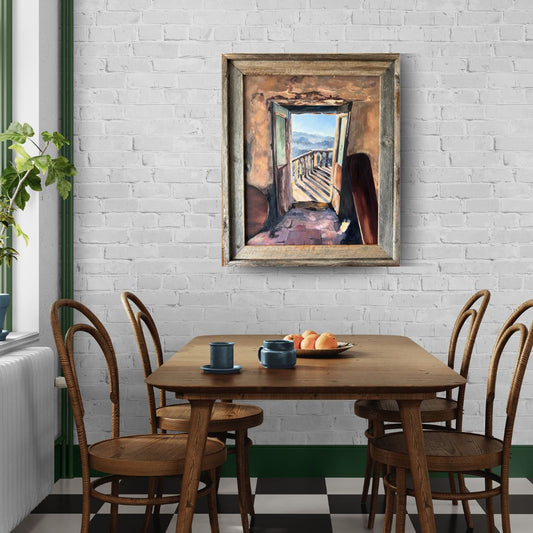 Mediterranean inspired framed oil painting styled in a calm and elegant home interior.