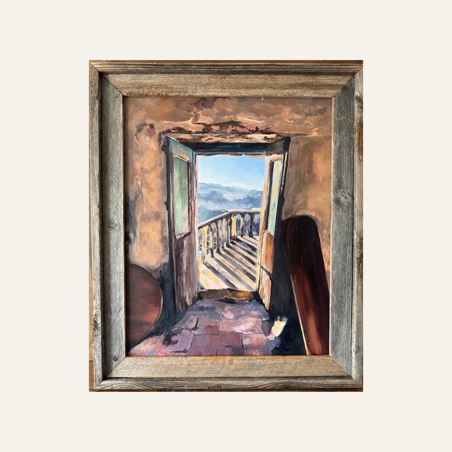 Original oil painting of an Italian balcony doorway with soft Mediterranean light and warm earthy colours.