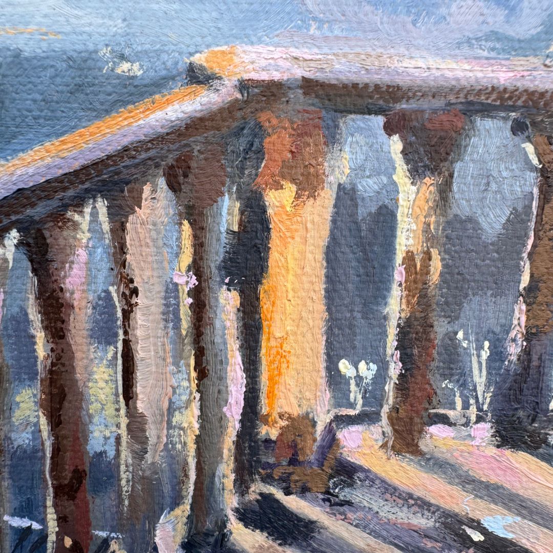 Close-up detail of expressive oil paint texture and brushstrokes in Mediterranean balcony painting.