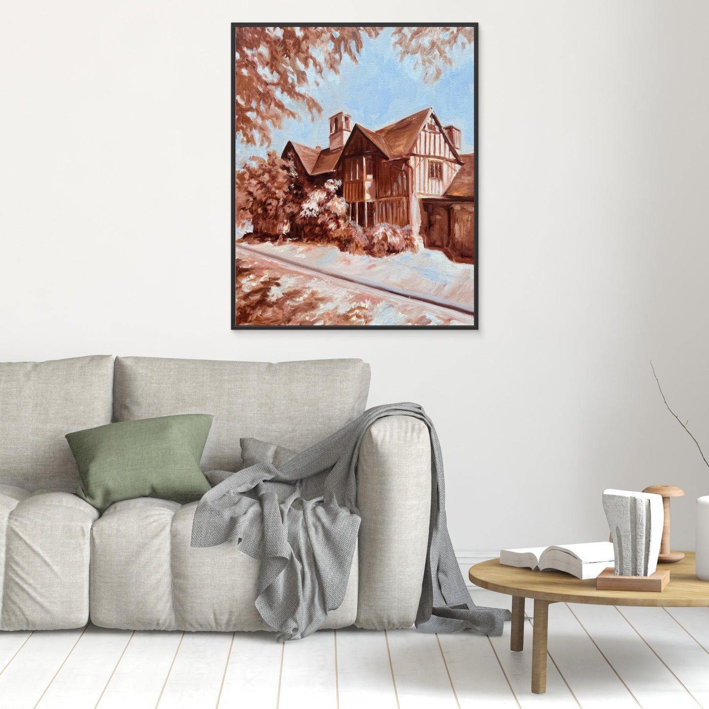 Hall’s Croft canvas print in black frame styled above a neutral sofa in a traditional living room