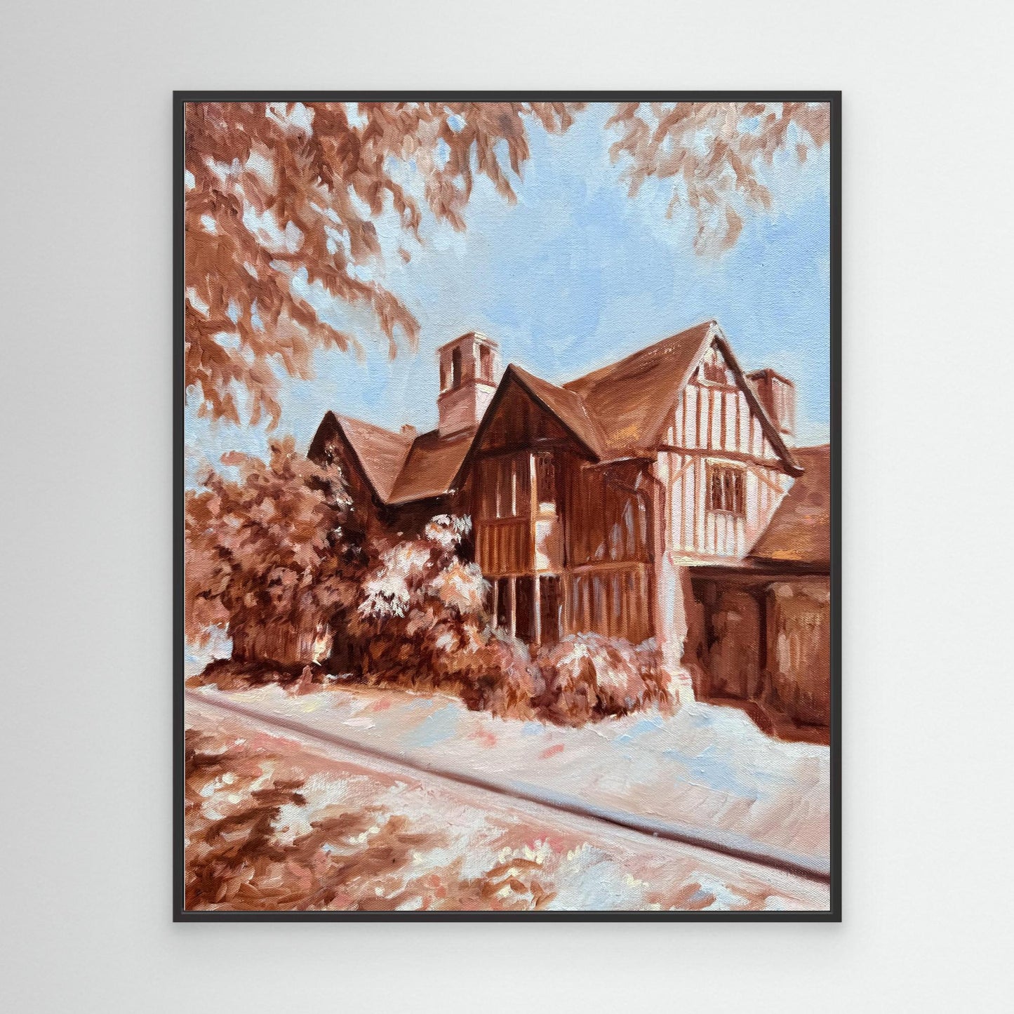 Hall’s Croft canvas art print in a black floating frame, featuring Lorraine Field’s Stratford-upon-Avon artwork.