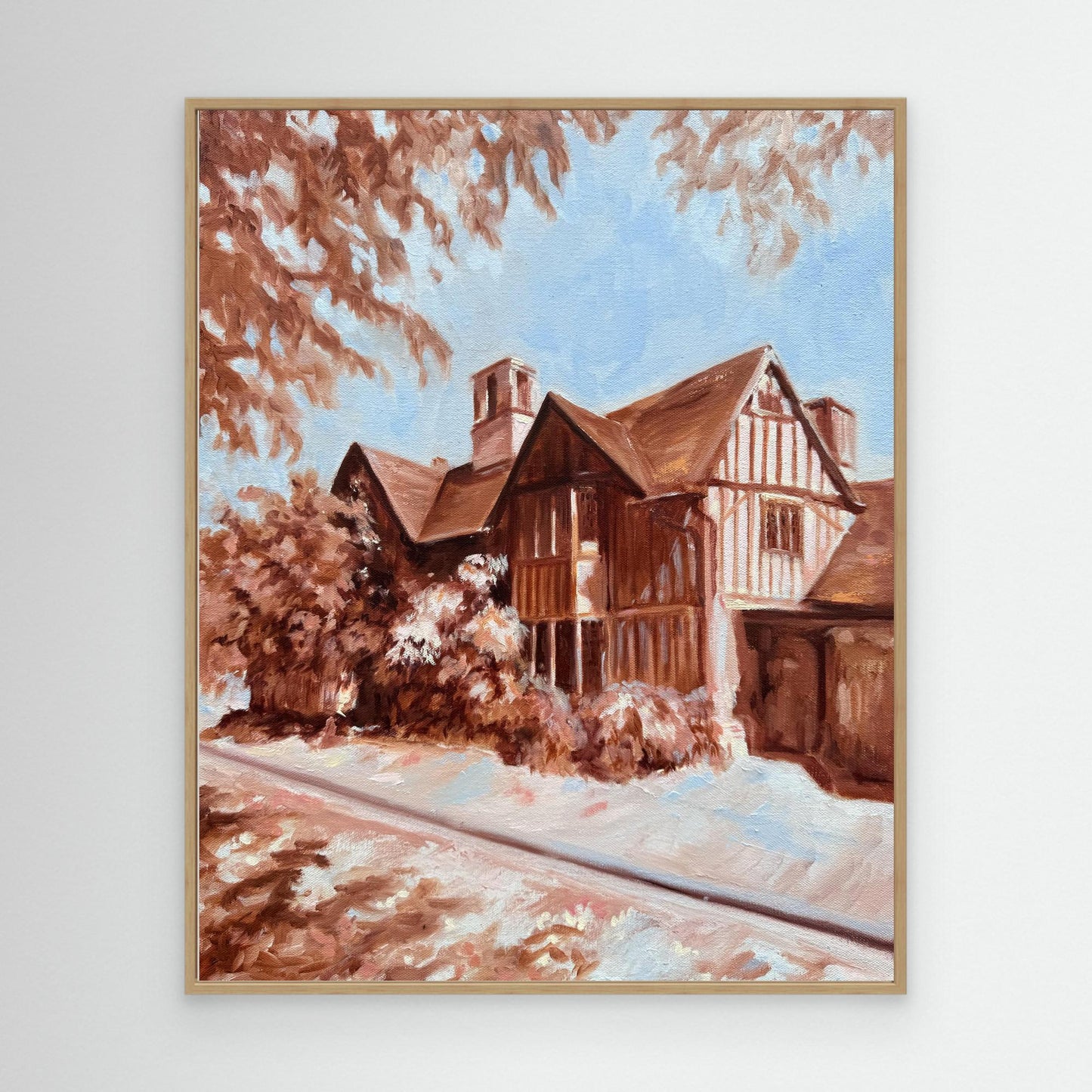 Hall’s Croft canvas art print in an oak floating frame, inspired by Stratford-upon-Avon architecture.