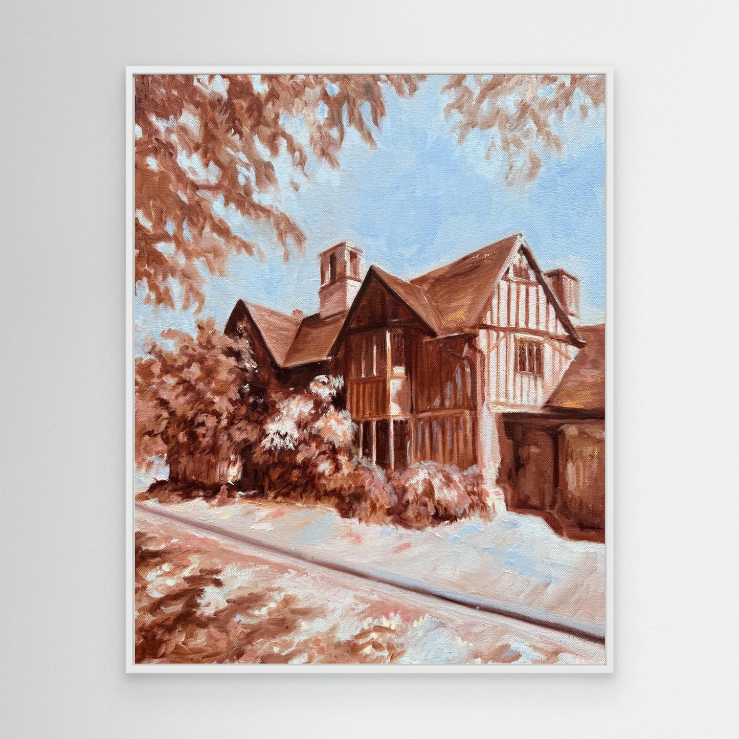 Hall’s Croft canvas art print in a white floating frame, showcasing Lorraine Field’s Stratford artwork.