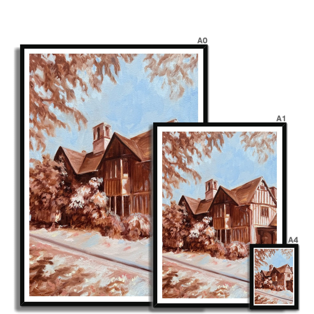 Hall’s Croft fine art print shown in multiple available sizes, from small statement pieces to large wall art for Stratford-upon-Avon lovers.