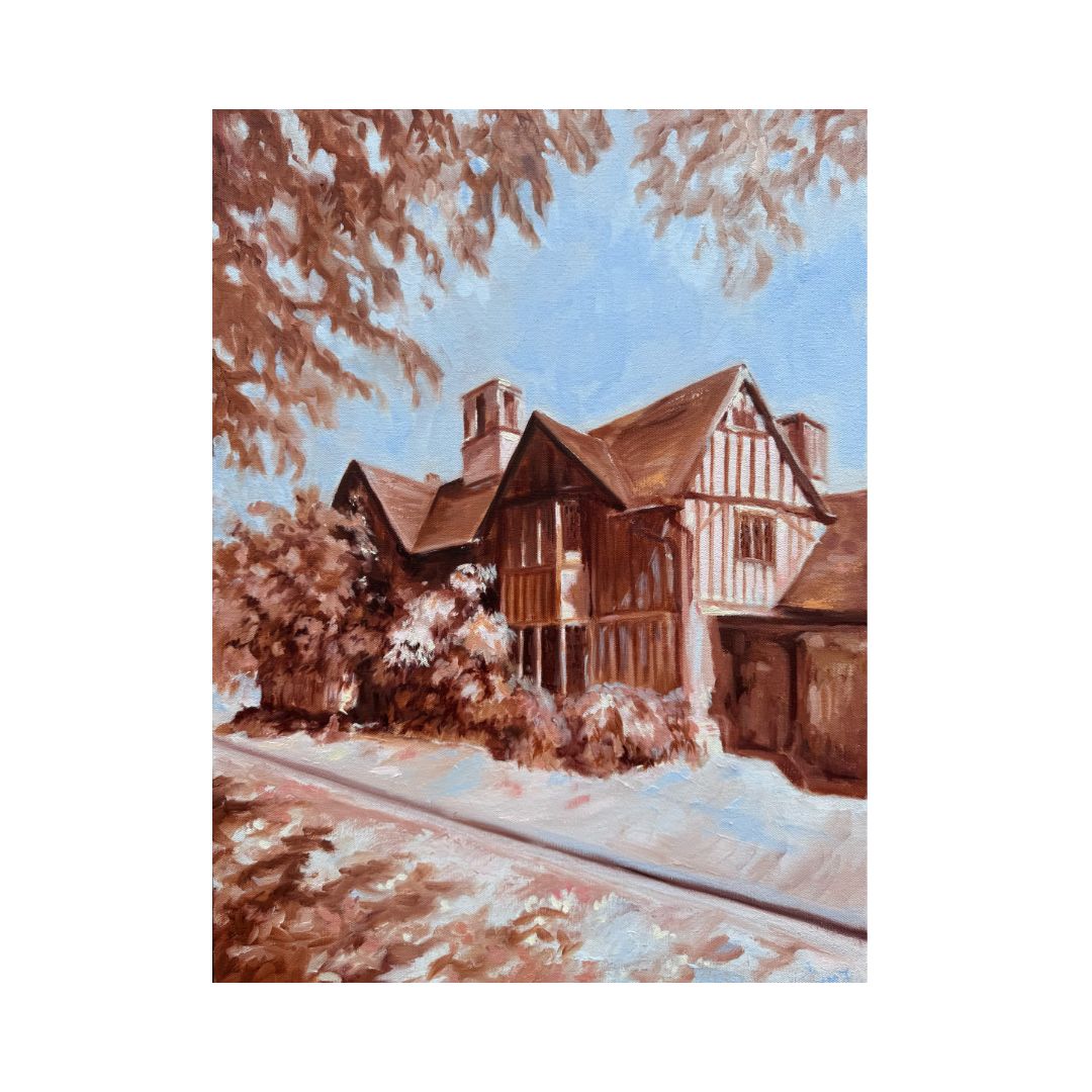 Unframed Hall’s Croft fine art print featuring Shakespeare’s daughter’s historic Stratford-upon-Avon home in warm sepia and soft blue tones.